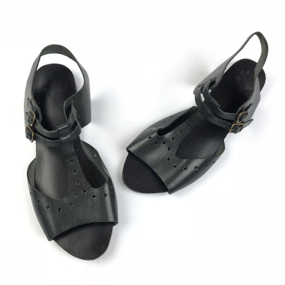 UO Kimchi Blue Black Green Leather T-strap Sandals - Picture 1 of 6
